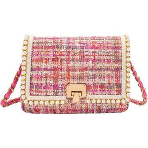 Women's Pink Shoulder Chain Purse Fashion Clutch Crossbody Retro Tweed Satchel